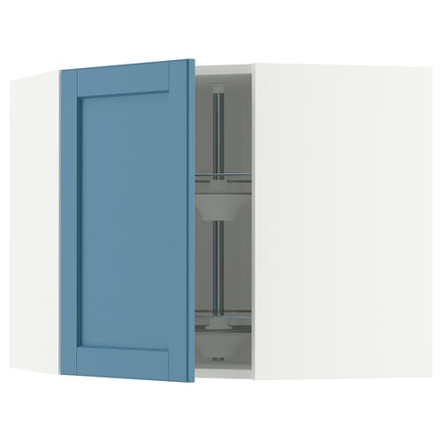 METOD Élément angle mural+rangement pivot, blanc/Lerhyttan bleu, 68x60 cm