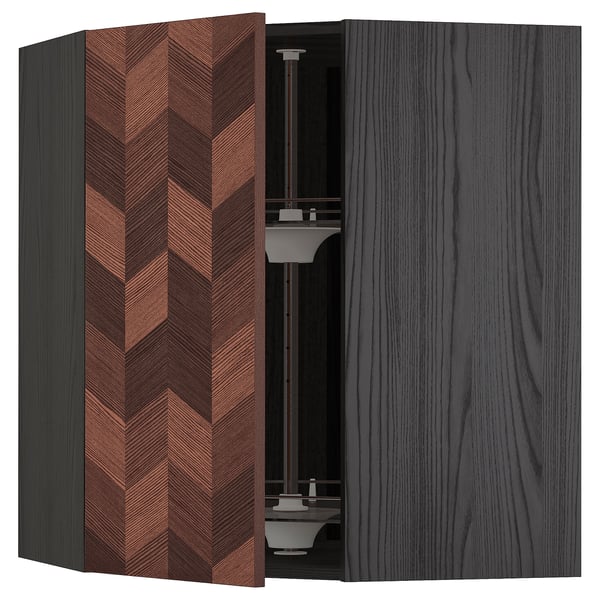 METOD Élément angle mural+rangement pivot, noir Hasslarp/brun à motifs, 68x80 cm