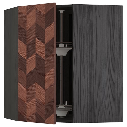 METOD Élément angle mural+rangement pivot, noir Hasslarp/brun à motifs, 68x80 cm