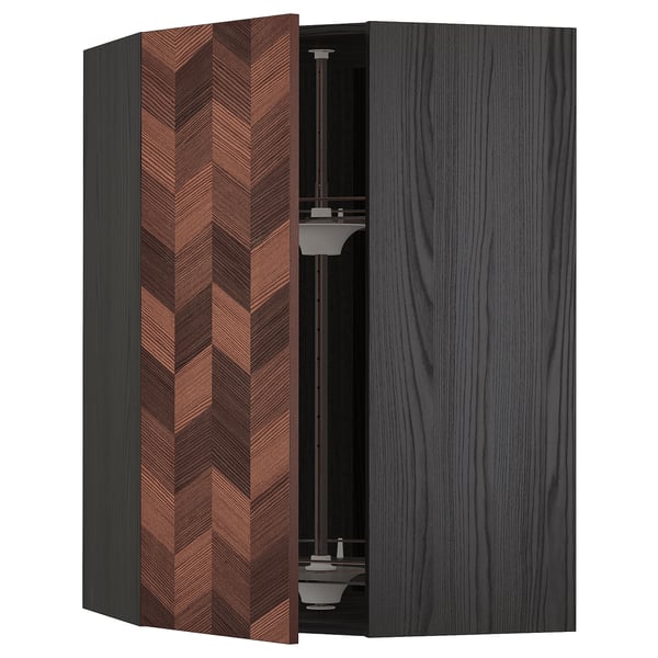 METOD Élément angle mural+rangement pivot, noir Hasslarp/brun à motifs, 68x100 cm