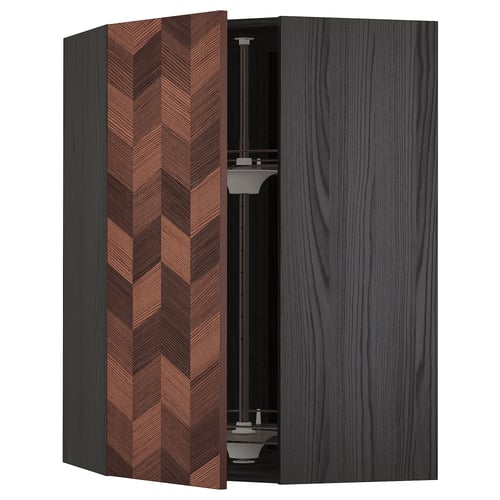 METOD Élément angle mural+rangement pivot, noir Hasslarp/brun à motifs, 68x100 cm