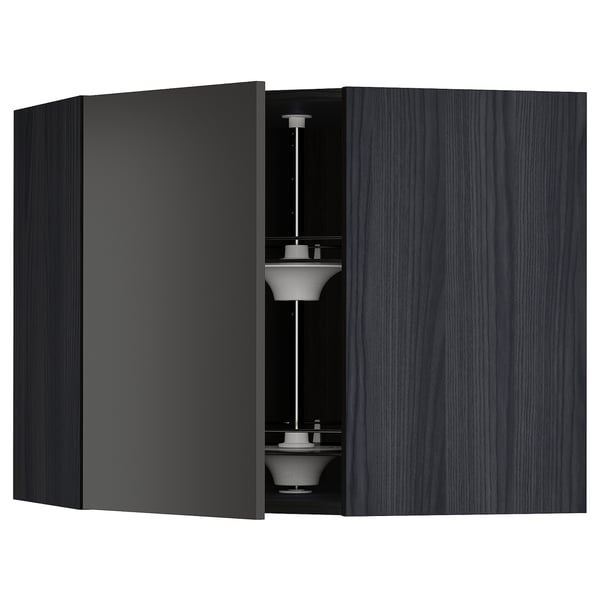 METOD Élément angle mural+rangement pivot, noir/Nickebo anthracite mat, 68x60 cm