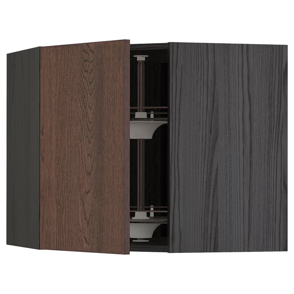 METOD Élément angle mural+rangement pivot, noir/Sinarp brun, 68x60 cm