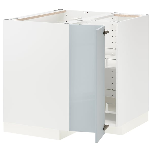 METOD Élément bas angle+rgt pivotant, blanc/Kallarp bleu gris clair, 88x88 cm