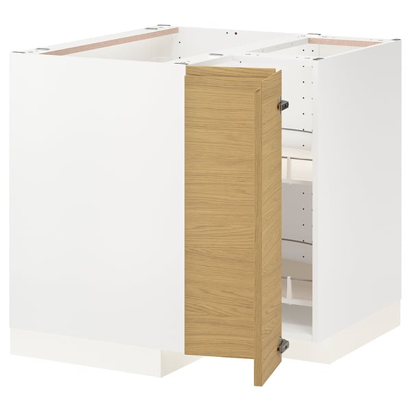 METOD Élément bas angle+rgt pivotant, blanc/Voxtorp motif chêne, 88x88 cm