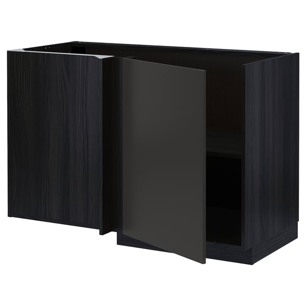 METOD Élément bas d'angle+tablette, noir/Nickebo anthracite mat, 128x68 cm
