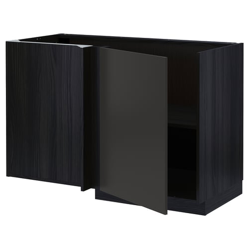 METOD Élément bas d'angle+tablette, noir/Nickebo anthracite mat, 128x68 cm