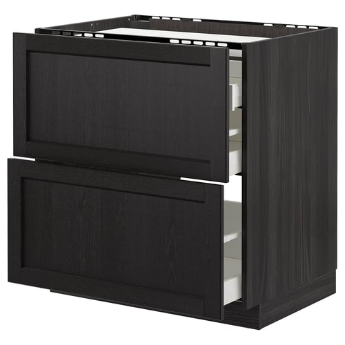 METOD Élément bas table cuisson/2fcs/3tir, noir/Lerhyttan teinté noir, 80x60 cm
