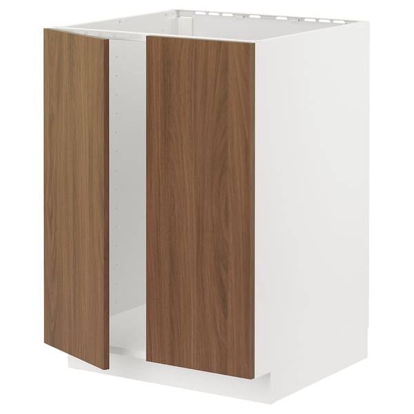 METOD Élément évier 2 portes, blanc/Tistorp effet noyer foncé, 60x60 cm
