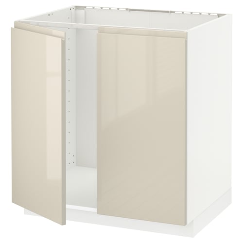 METOD Élément évier 2 portes, blanc/Voxtorp beige clair brillant, 80x60 cm