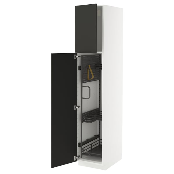 METOD Élément haut + rangements prod entr, blanc/Nickebo anthracite mat, 40x60x200 cm