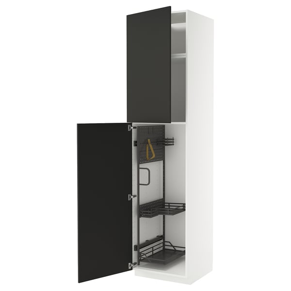 METOD Élément haut + rangements prod entr, blanc/Nickebo anthracite mat, 60x60x240 cm