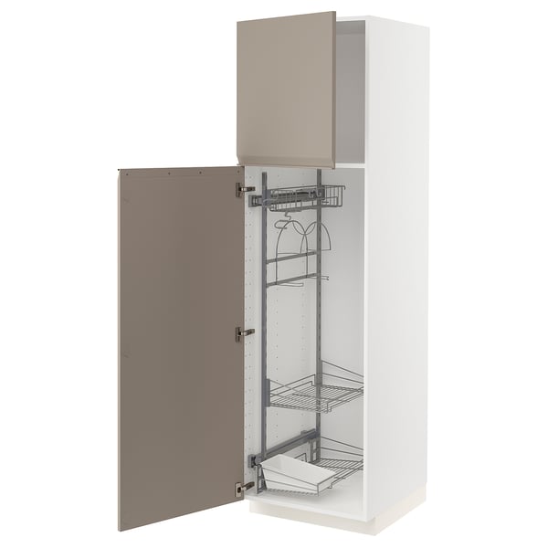 METOD Élément haut + rangements prod entr, blanc/Upplöv beige foncé mat, 60x60x200 cm