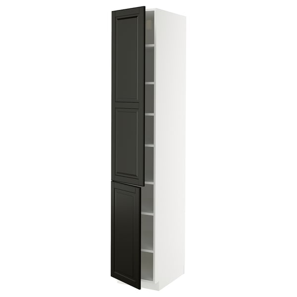 METOD Élément haut tablettes/2portes, blanc/Bodbyn noir, 40x60x220 cm