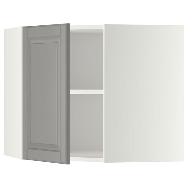 METOD Élément mural angle + tablettes, blanc/Bodbyn gris, 68x60 cm