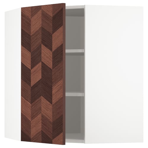 METOD Élément mural angle + tablettes, blanc Hasslarp/brun à motifs, 68x80 cm