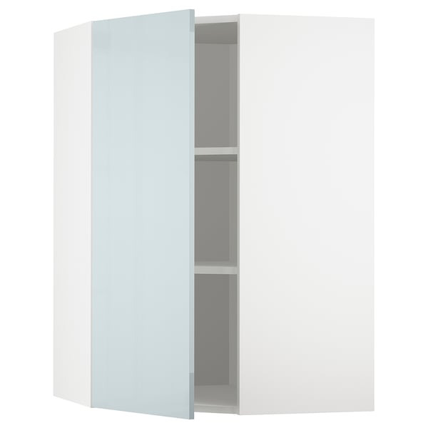 METOD Élément mural angle + tablettes, blanc/Kallarp bleu gris clair, 68x100 cm