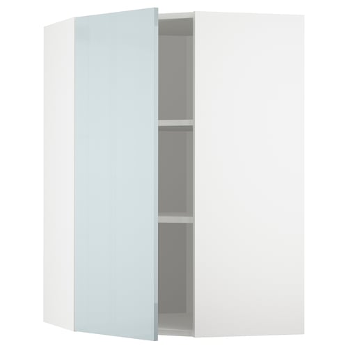 METOD Élément mural angle + tablettes, blanc/Kallarp bleu gris clair, 68x100 cm