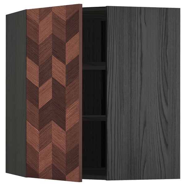 METOD Élément mural angle + tablettes, noir Hasslarp/brun à motifs, 68x80 cm
