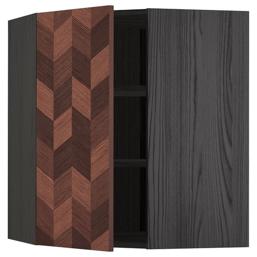 METOD Élément mural angle + tablettes, noir Hasslarp/brun à motifs, 68x80 cm
