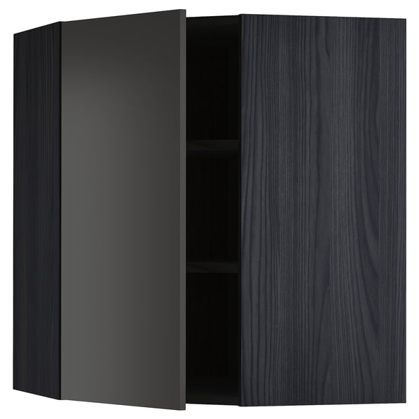 METOD Élément mural angle + tablettes, noir/Nickebo anthracite mat, 68x80 cm