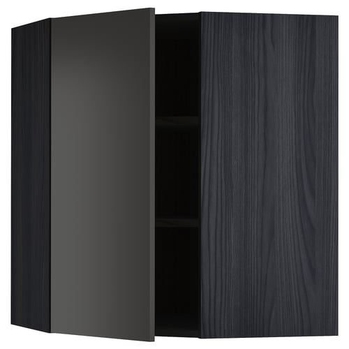 METOD Élément mural angle + tablettes, noir/Nickebo anthracite mat, 68x80 cm