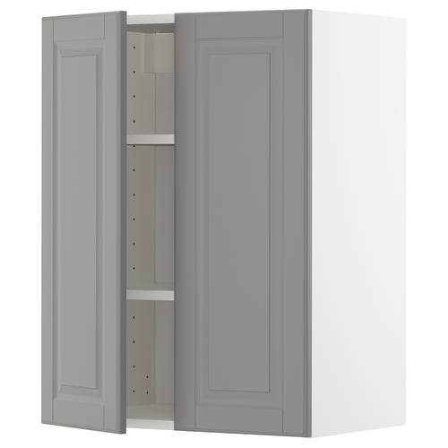 METOD Élément mural tablettes/2portes, blanc/Bodbyn gris, 60x80 cm