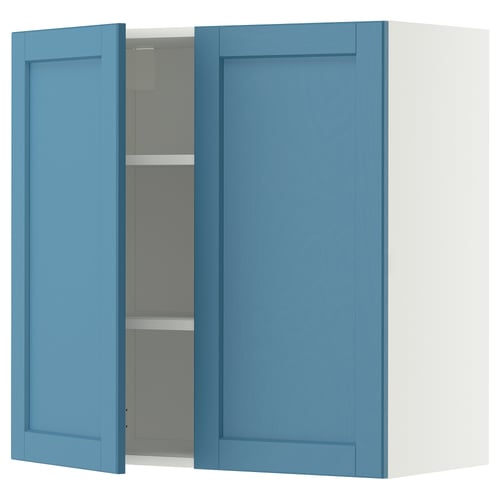 METOD Élément mural tablettes/2portes, blanc/Lerhyttan bleu, 80x80 cm