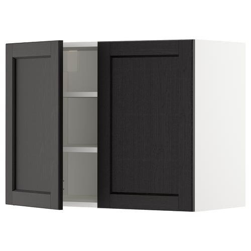 METOD Élément mural tablettes/2portes, blanc/Lerhyttan teinté noir, 80x60 cm