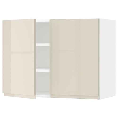 METOD Élément mural tablettes/2portes, blanc/Voxtorp beige clair brillant, 80x60 cm