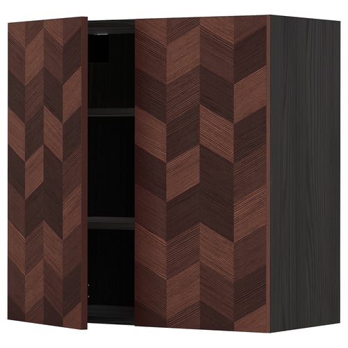 METOD Élément mural tablettes/2portes, noir Hasslarp/brun à motifs, 80x80 cm