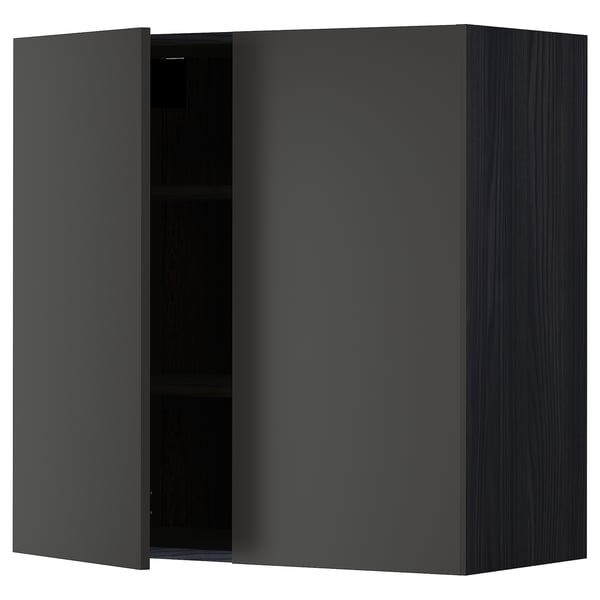 METOD Élément mural tablettes/2portes, noir/Nickebo anthracite mat, 80x80 cm