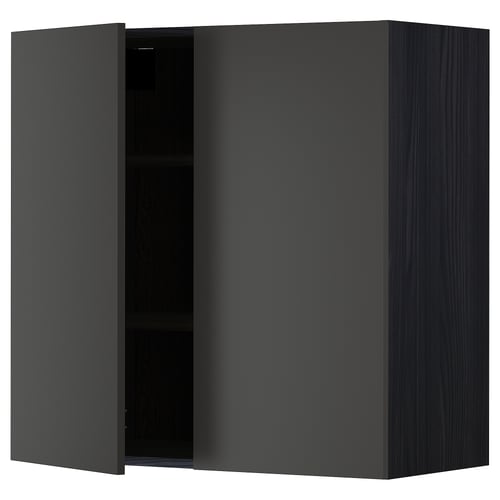 METOD Élément mural tablettes/2portes, noir/Nickebo anthracite mat, 80x80 cm