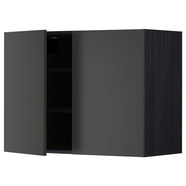 METOD Élément mural tablettes/2portes, noir/Nickebo anthracite mat, 80x60 cm