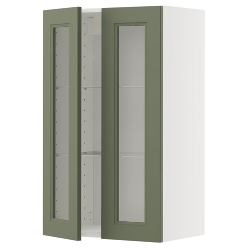 METOD Élément mural+tablettes/2ptes vitr, blanc/Axstad gris vert, 60x100 cm