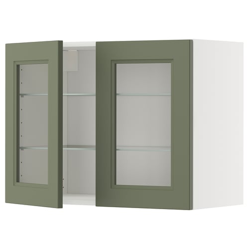 METOD Élément mural+tablettes/2ptes vitr, blanc/Axstad gris vert, 80x60 cm