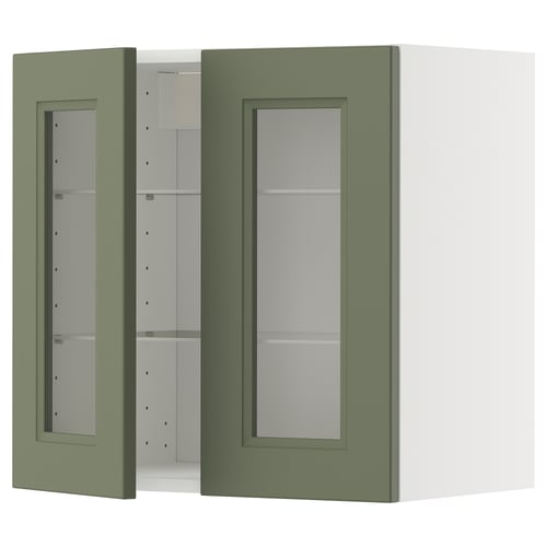 METOD Élément mural+tablettes/2ptes vitr, blanc/Axstad gris vert, 60x60 cm
