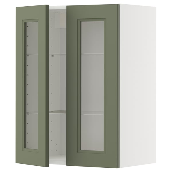 METOD Élément mural+tablettes/2ptes vitr, blanc/Axstad gris vert, 60x80 cm