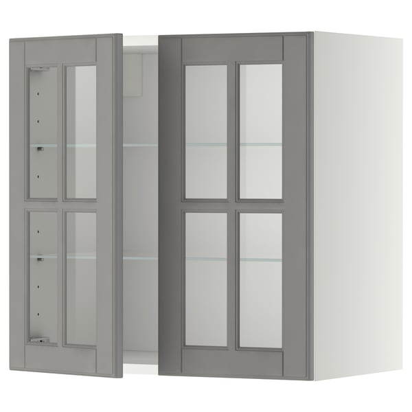 METOD Élément mural+tablettes/2ptes vitr, blanc/Bodbyn gris, 60x60 cm