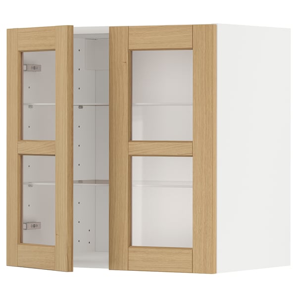 METOD Élément mural+tablettes/2ptes vitr, blanc/Forsbacka chêne, 60x60 cm