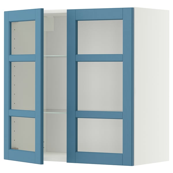 METOD Élément mural+tablettes/2ptes vitr, blanc/Lerhyttan bleu, 80x80 cm