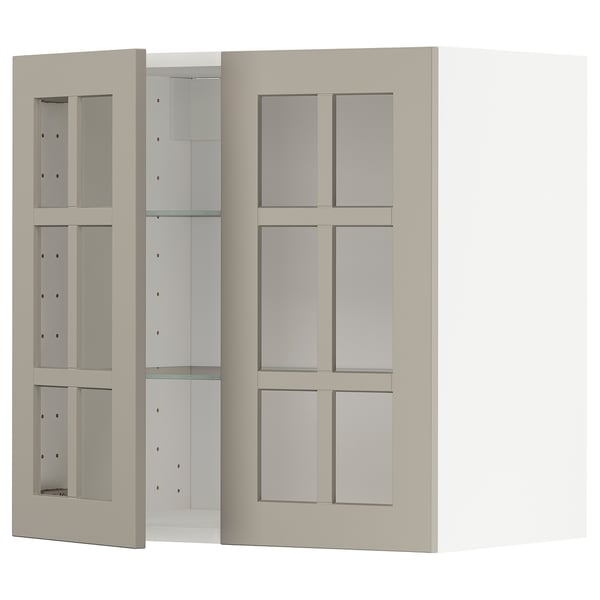 METOD Élément mural+tablettes/2ptes vitr, blanc/Stensund beige, 60x60 cm