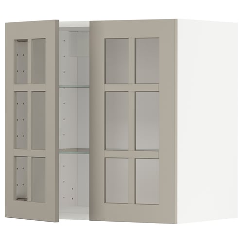 METOD Élément mural+tablettes/2ptes vitr, blanc/Stensund beige, 60x60 cm