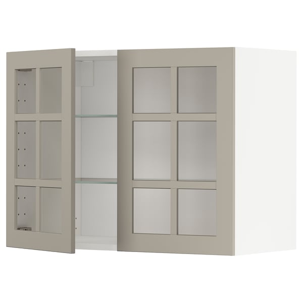 METOD Élément mural+tablettes/2ptes vitr, blanc/Stensund beige, 80x60 cm