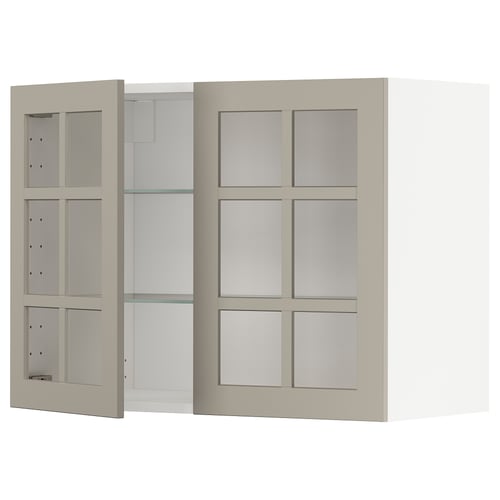METOD Élément mural+tablettes/2ptes vitr, blanc/Stensund beige, 80x60 cm