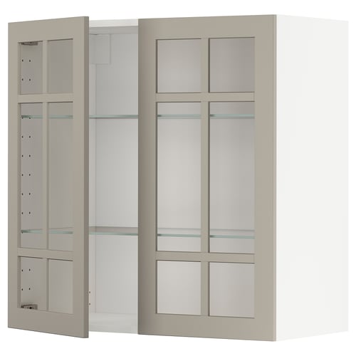 METOD Élément mural+tablettes/2ptes vitr, blanc/Stensund beige, 80x80 cm