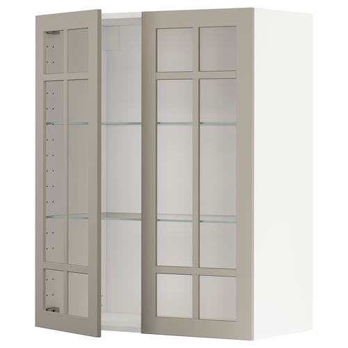 METOD Élément mural+tablettes/2ptes vitr, blanc/Stensund beige, 80x100 cm