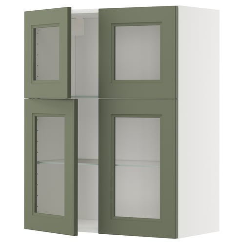 METOD Élément mural+tablettes/4ptes vitr, blanc/Axstad gris vert, 80x100 cm