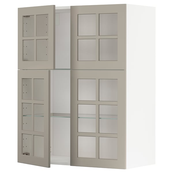 METOD Élément mural+tablettes/4ptes vitr, blanc/Stensund beige, 80x100 cm