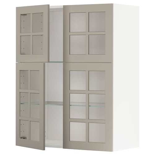 METOD Élément mural+tablettes/4ptes vitr, blanc/Stensund beige, 80x100 cm